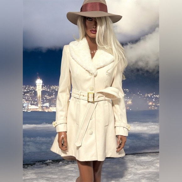 Bebe Wool Trench Coat Peacoat Button Down Belted High-Low Hi Lo Hem Faux Fur XS - Picture 1 of 13